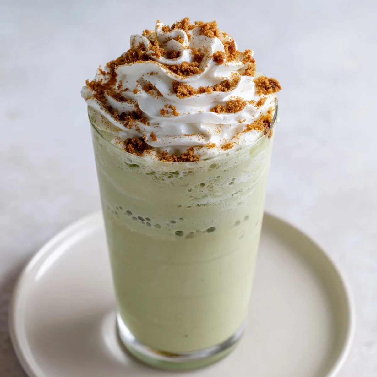 Frothy Sugar-Free Gingerbread Cookie Matcha Frappe, topped with whipped cream, ready to refresh!