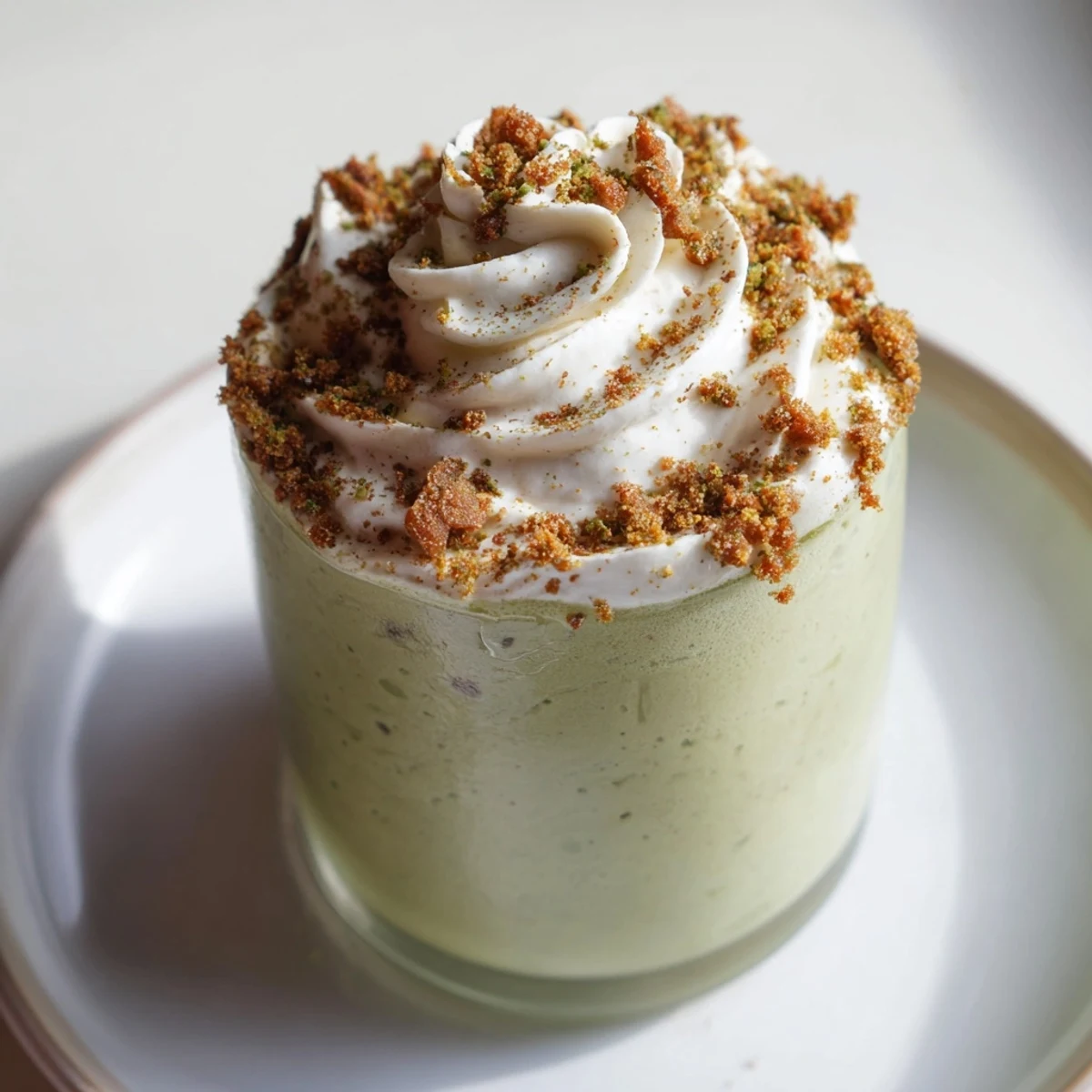 A beautifully blended Sugar-Free Gingerbread Cookie Matcha Frappe, an inviting sweet and spicy drink.