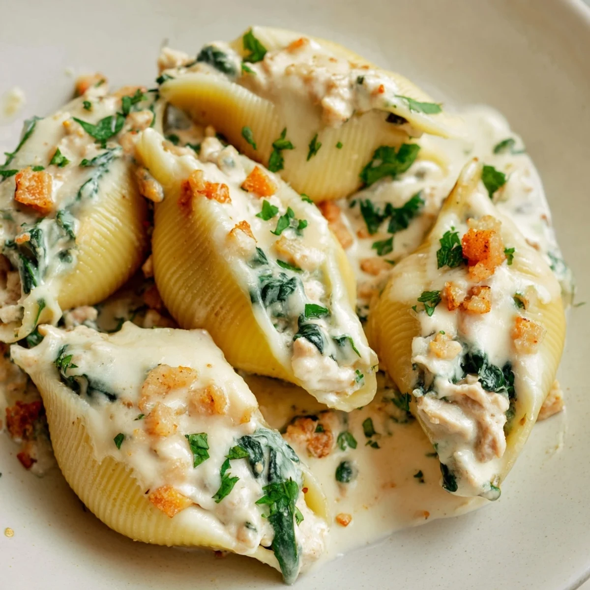 Plate of High-Protein Cottage Cheese Alfredo Christmas Shells, bubbly with melted cheese, promising a savory bite.