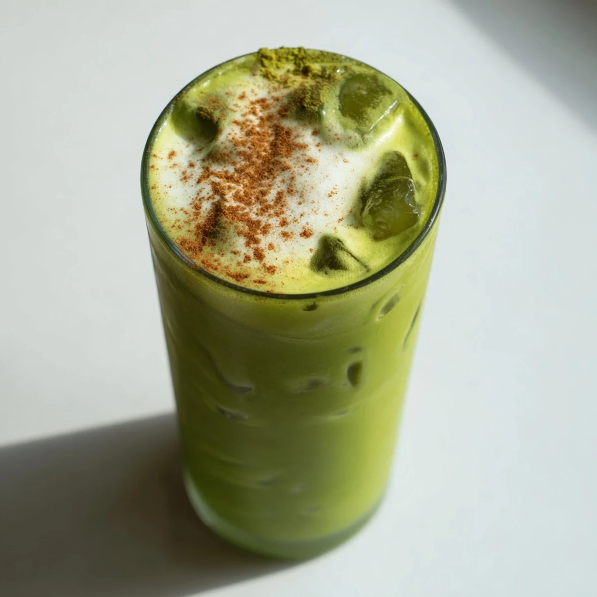 Cinnamon Roll Iced Matcha topped with creamy protein foam, a delightful and refreshing green beverage.