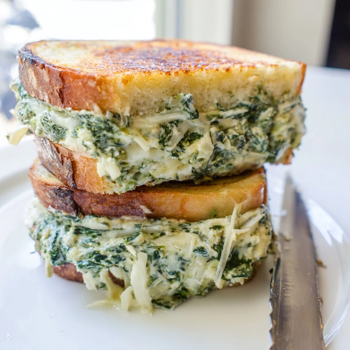 Melting mozzarella and cheddar ooze from a vibrant sourdough spinach artichoke dip grilled cheese.