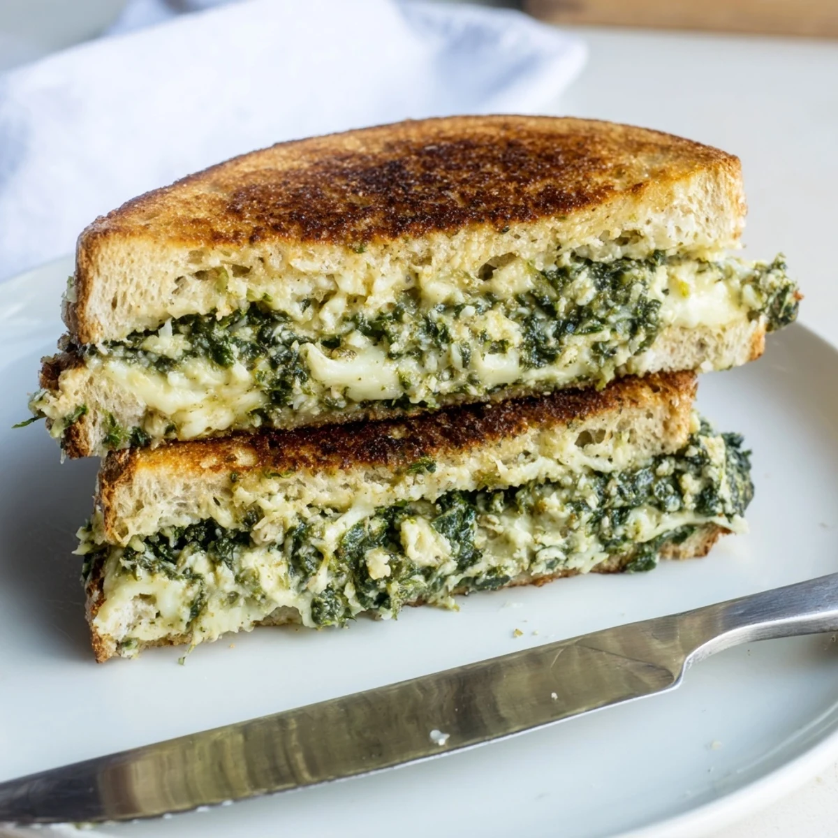 Crispy sourdough encases a creamy spinach artichoke dip filling in this amazing grilled cheese.