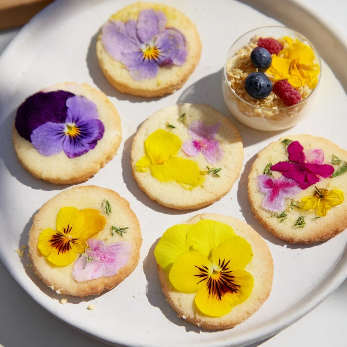 Delicate shortbread cookies and mini cakes comprise this Spring Flower Dessert Tray, garnished with blossoms.