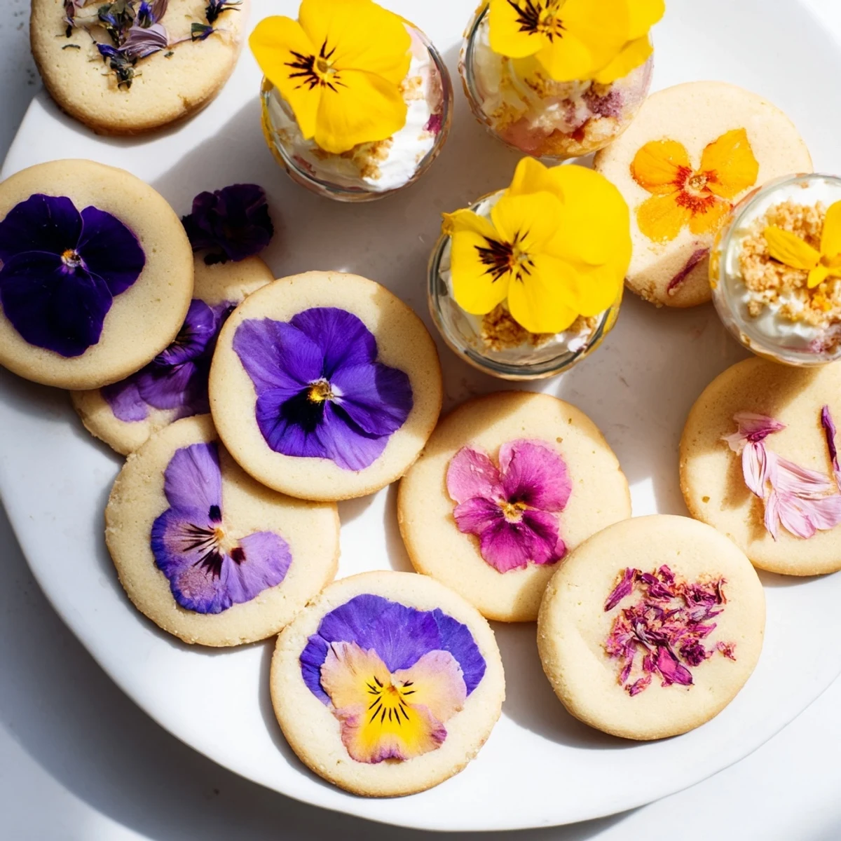 This eye-catching Spring Flower Dessert Tray mixes colorful parfaits, shortbread, and flower-topped mini cakes.