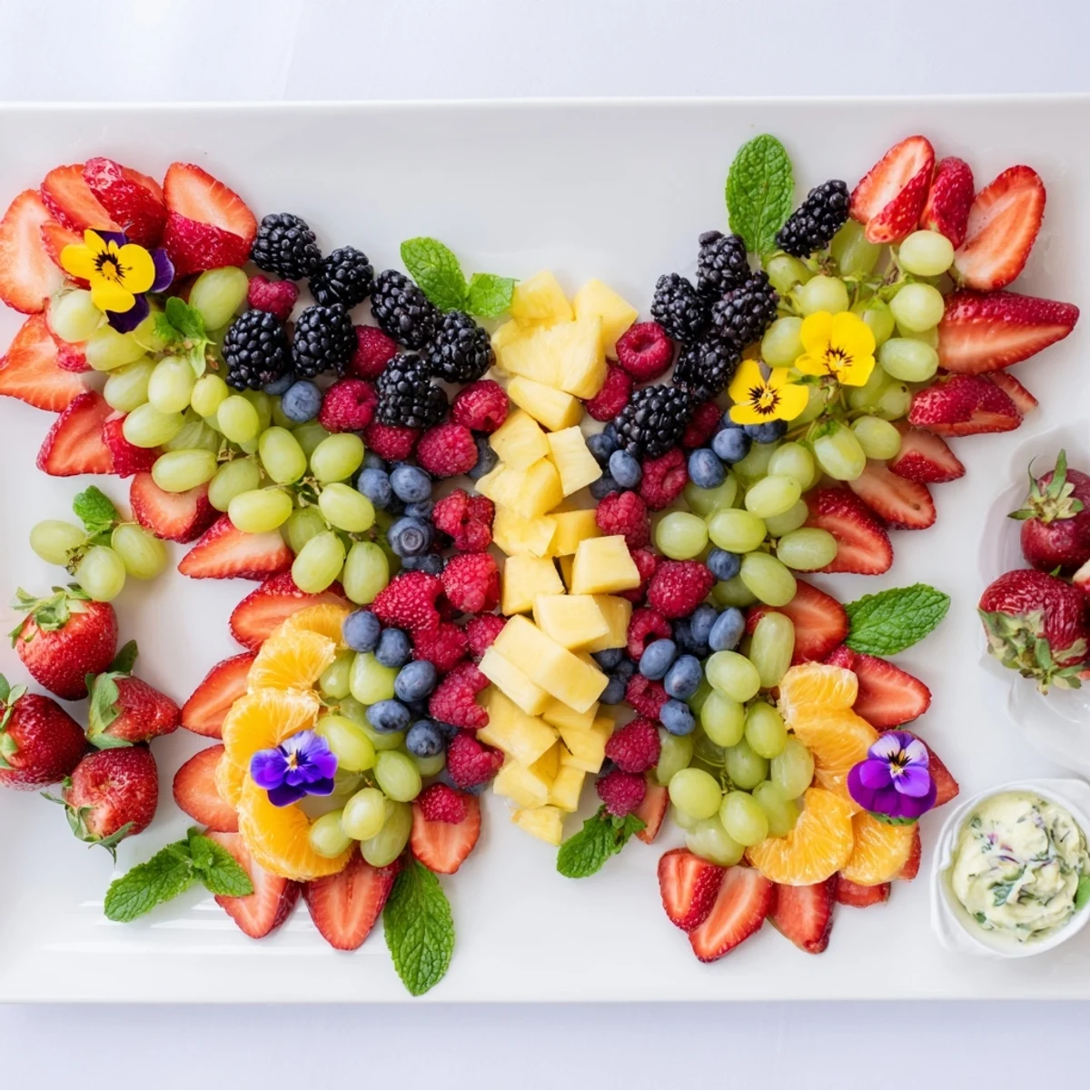 Butterfly Garden Fruit Board: A colorful butterfly-shaped fruit platter with fresh berries, perfect for a spring party.