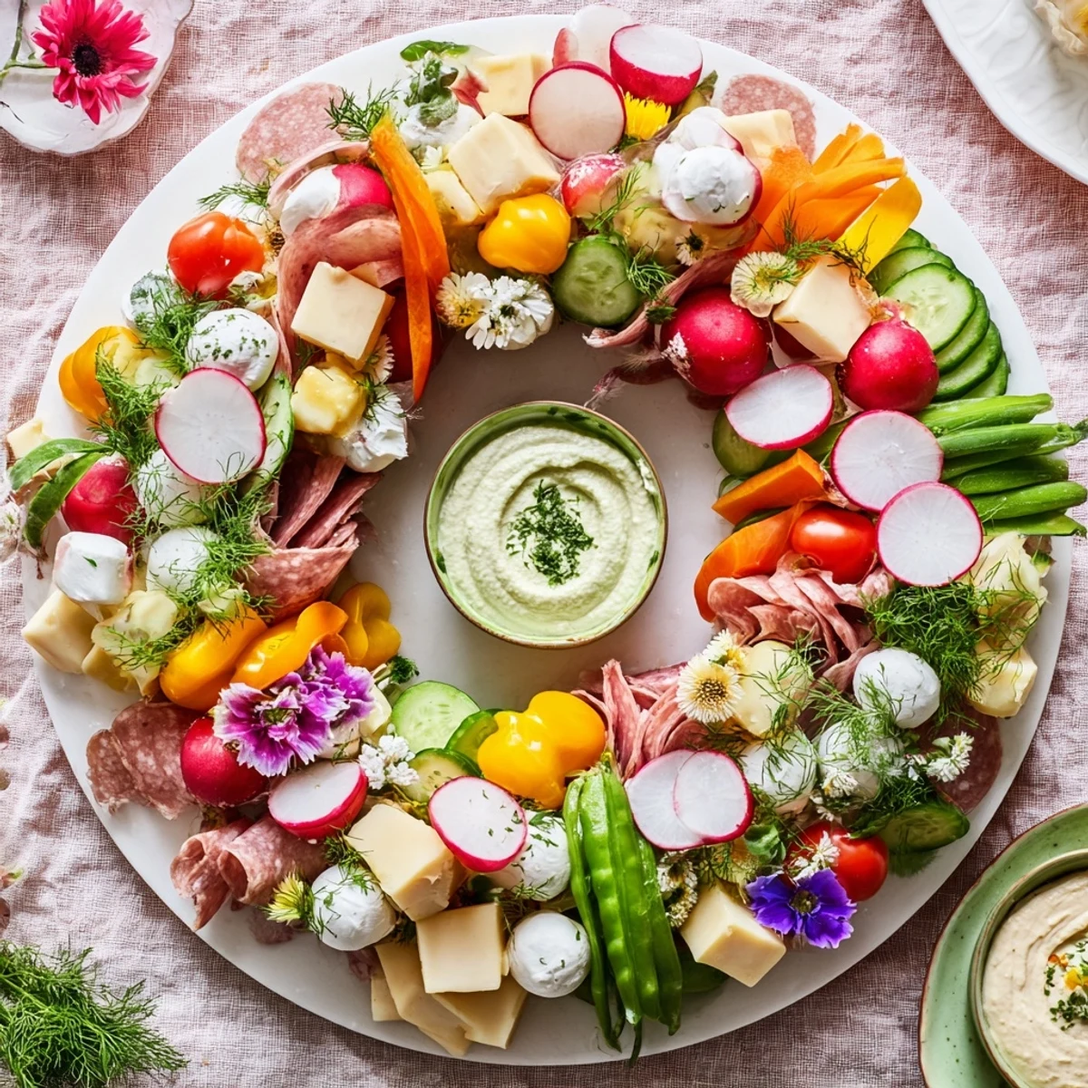 A close-up view of the Spring Wreath Appetizer Platter displays colorful vegetables and crackers ready to eat.