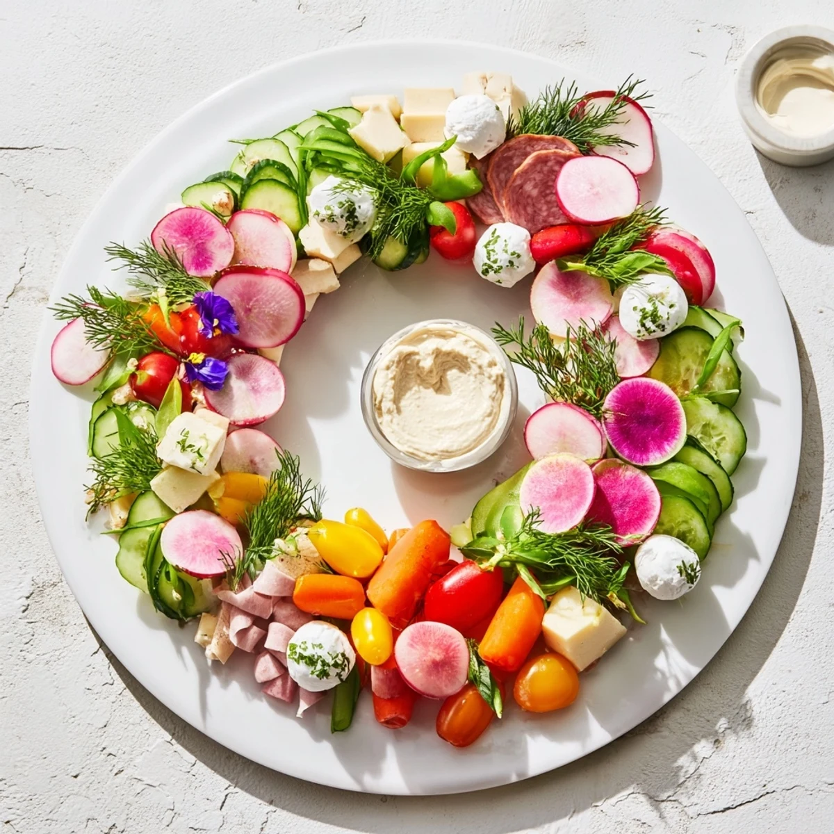 Vibrant Spring Wreath Appetizer Platter boasts fresh veggies, cheeses, and dips, perfect for spring entertaining.