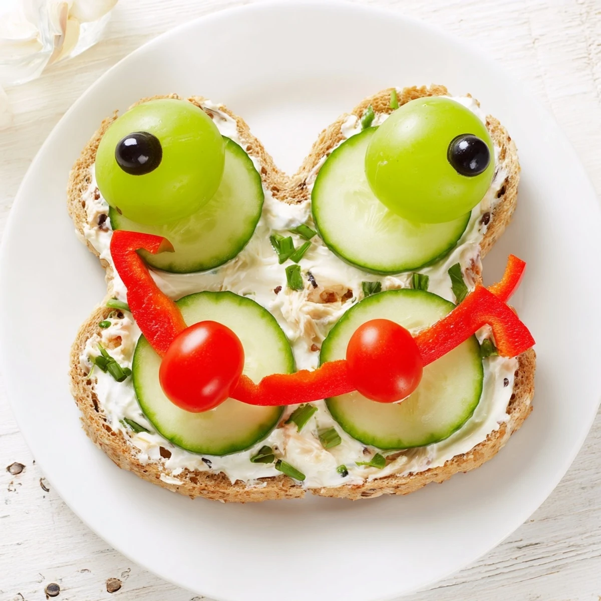 Bright green Prince Charming Froggy Sandwich cutouts with vibrant grape eyes, easy and fun to make.