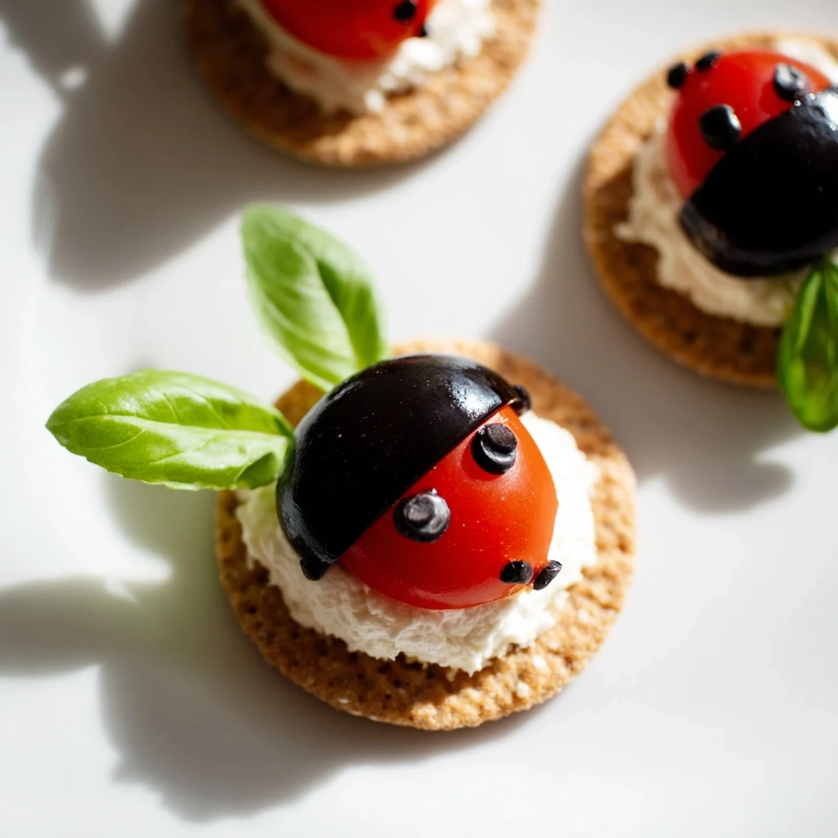 These charming Ladybug Love Picnic Finger Foods feature vibrant red tomatoes and cute balsamic glaze spots.