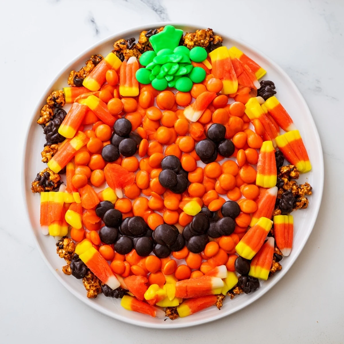 A festive arrangement of a Jack-o-Lantern candy board, featuring bright orange and black sweets.