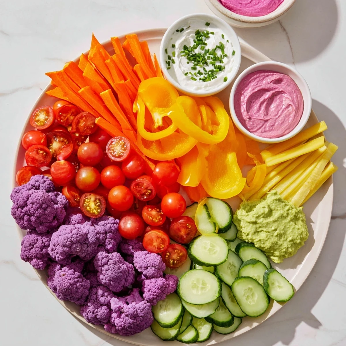 Rainbow Vegetable Dips arranged beautifully on a platter with three vibrant, creamy dips for serving.
