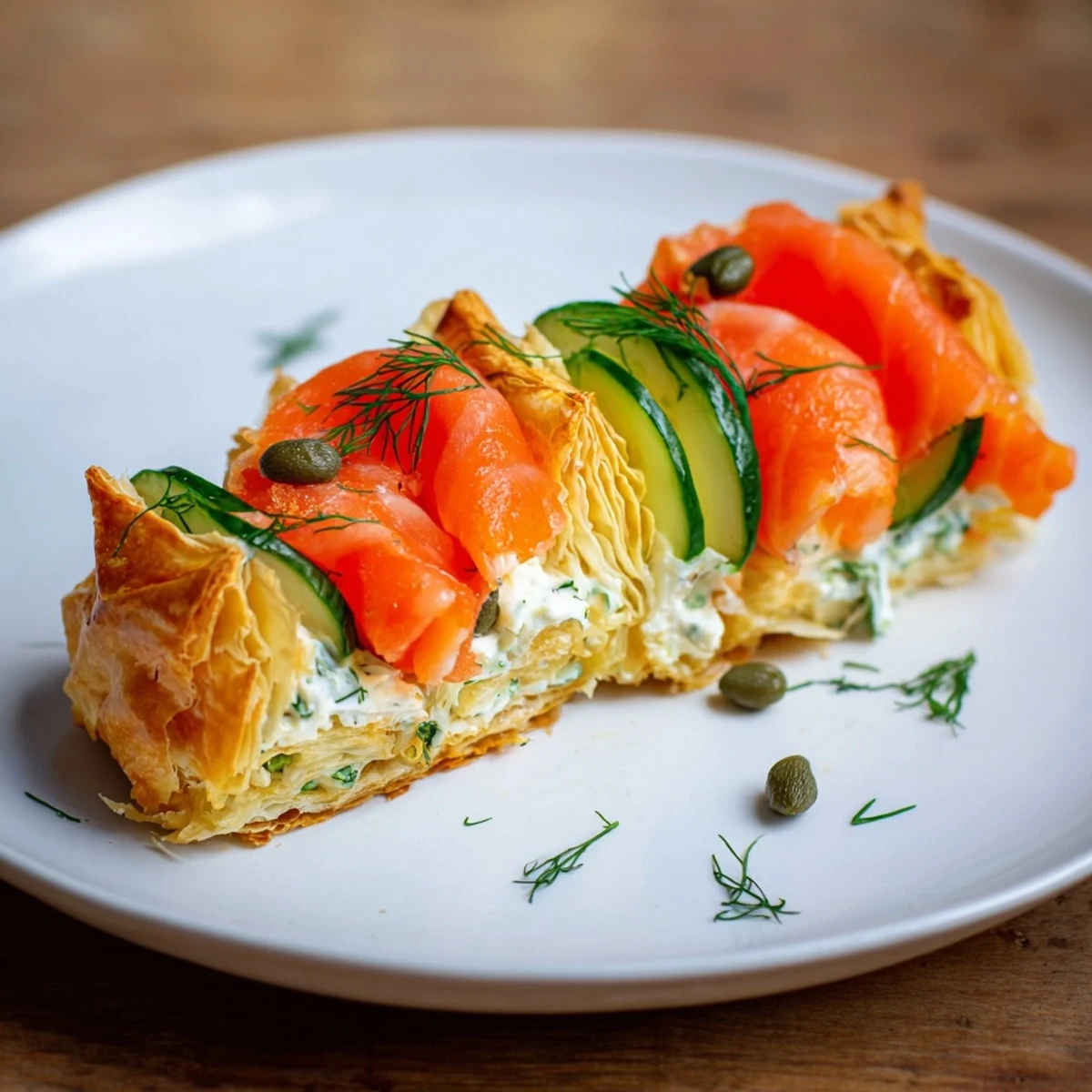 Golden Étoiles Filantes Assiette de Fin d'Année: puff pastry stars, smoked salmon, and fresh dill garnished platter.