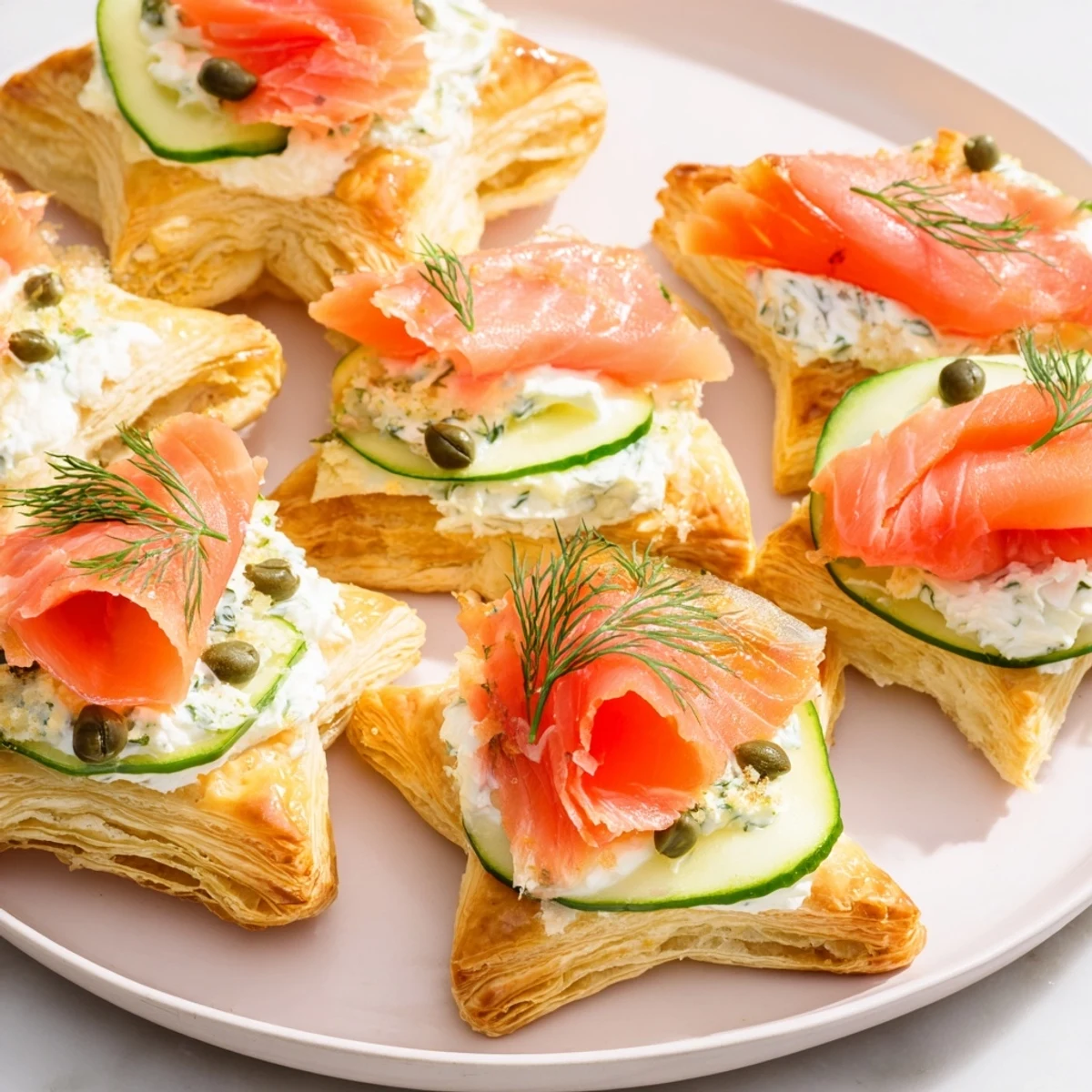 Perfectly arranged Étoiles Filantes Assiette de Fin d'Année appetizer, featuring smoked salmon and star shaped pastry bites.