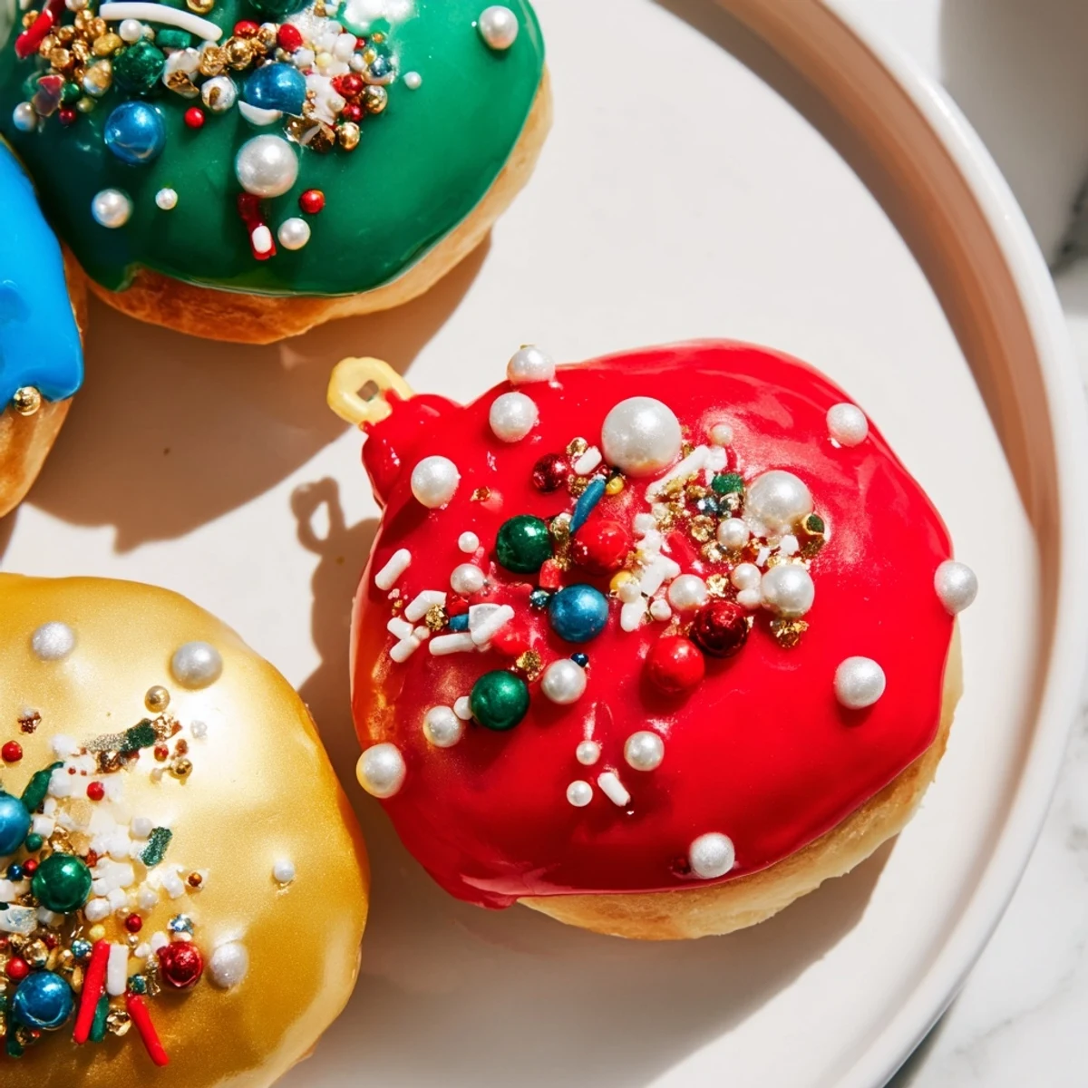 Golden, fried Christmas Ornament Beignets, iced in festive colors and covered in holiday sprinkles.