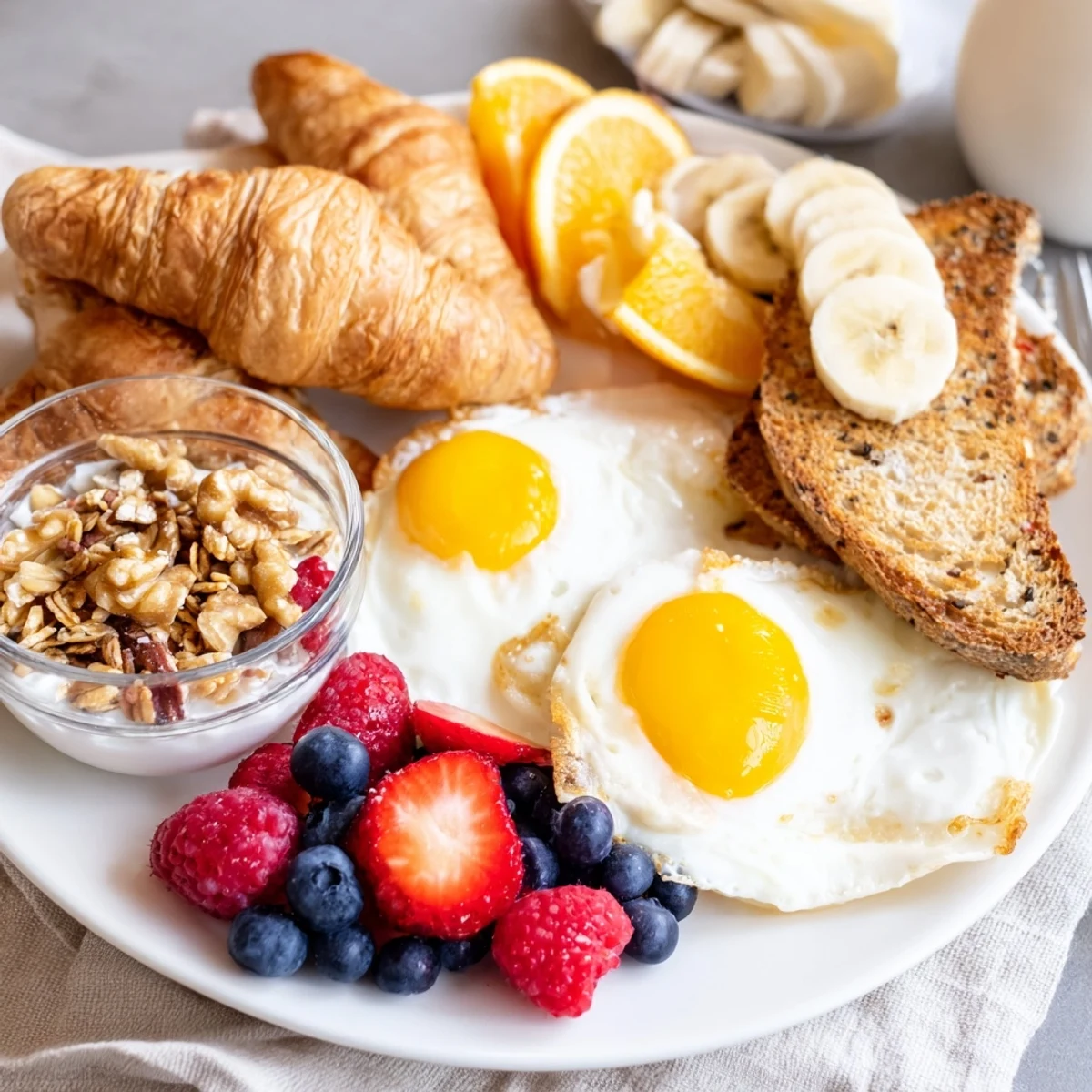 Soleil Matinal breakfast platter showing colorful fruits, golden eggs, and buttery croissants for a delicious start.