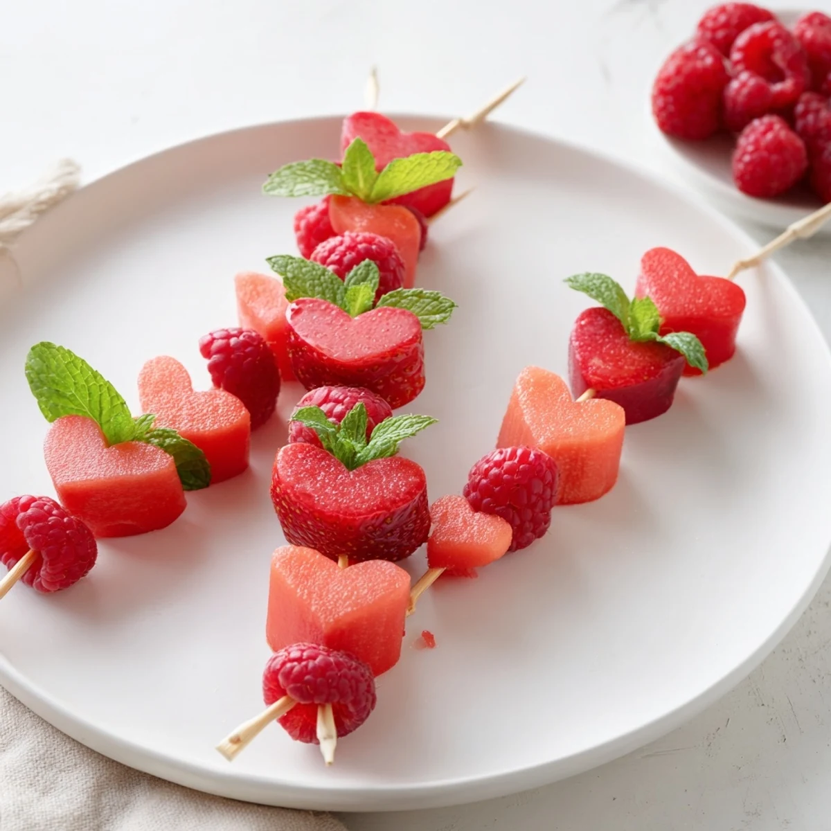 Sweet heart-shaped strawberries and watermelon making delightful red fruit skewers, ready to enjoy.