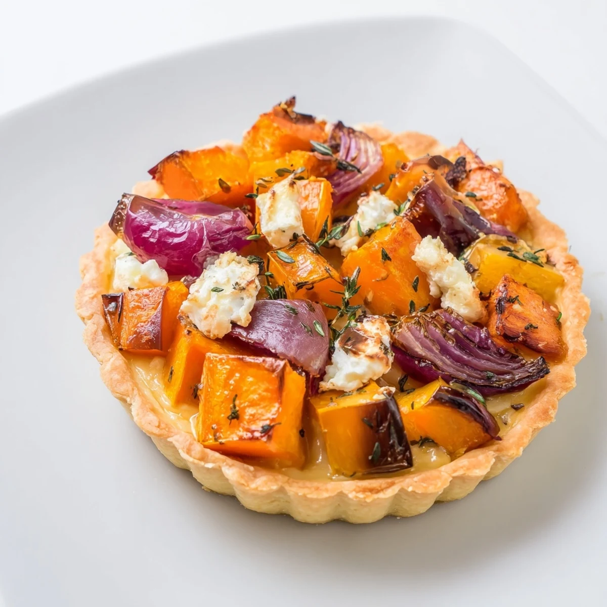 Golden-brown Feuilles dÉrable Tartes Salées dAutomne, a flaky tart filled with roasted vegetables.
