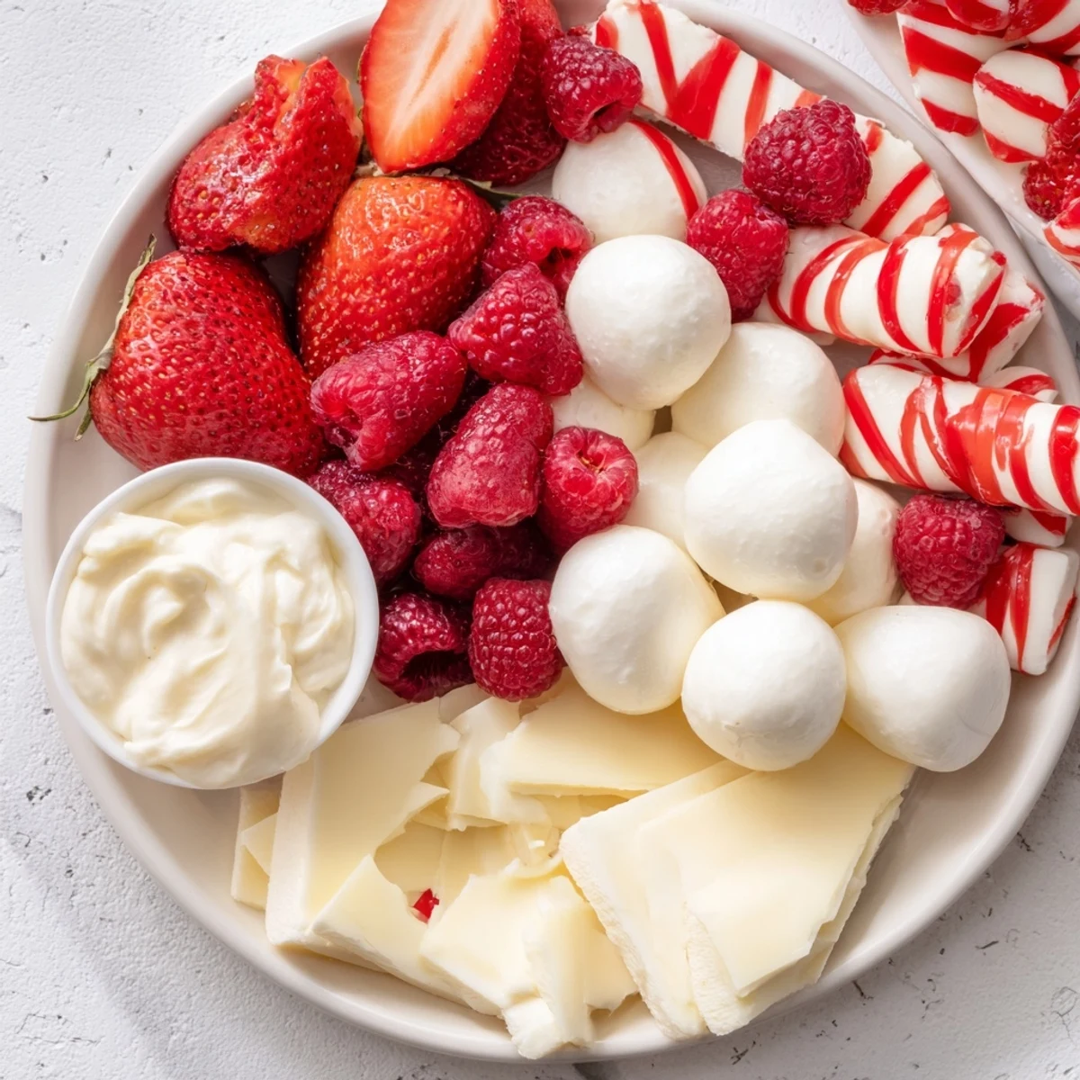 This Festive Red and White Candy Cane Snack Board offers a delightful array of sweet and savory textures for guests.