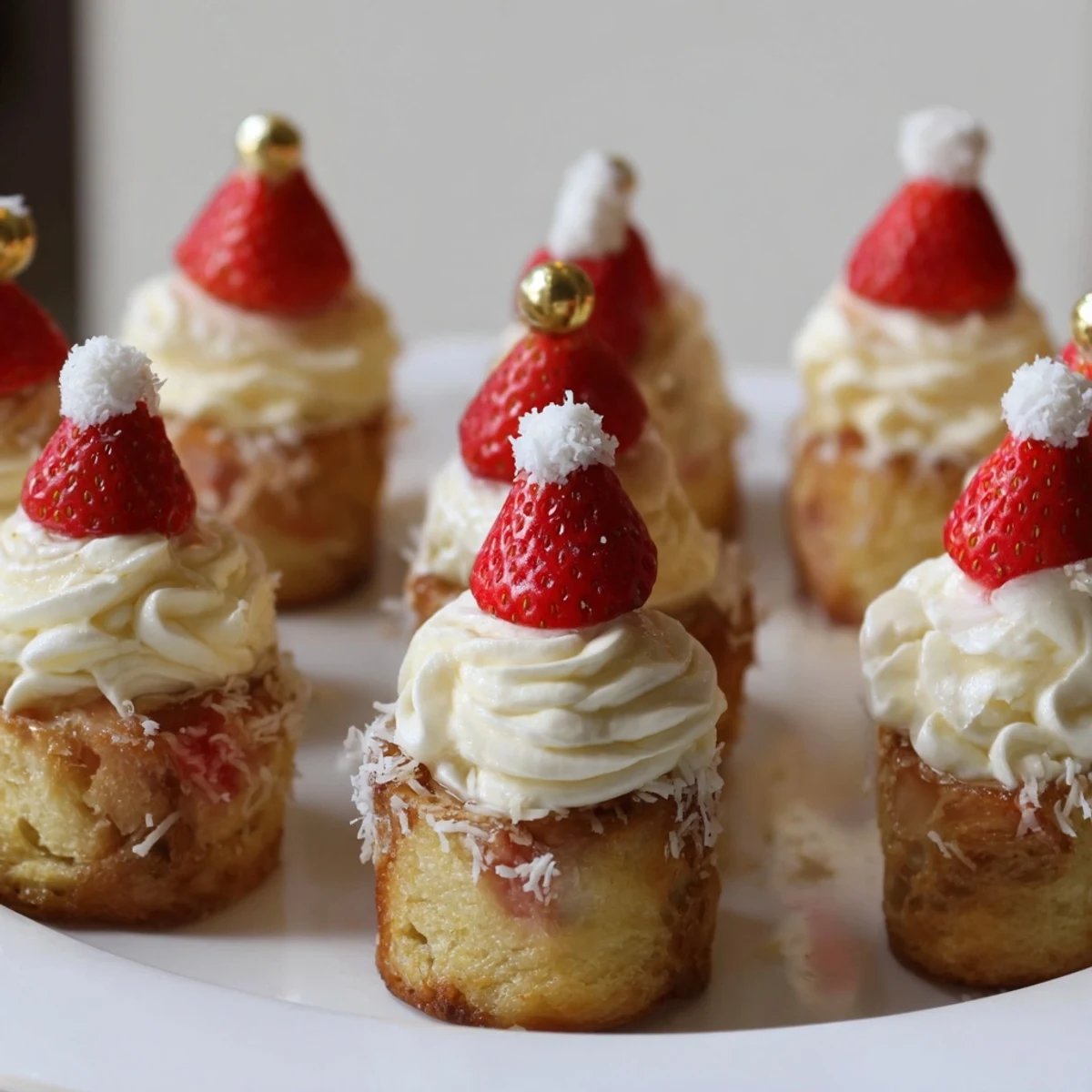 Warm, golden Santa Hat Bread Pudding Bites, topped with fluffy whipped cream and a fresh strawberry.
