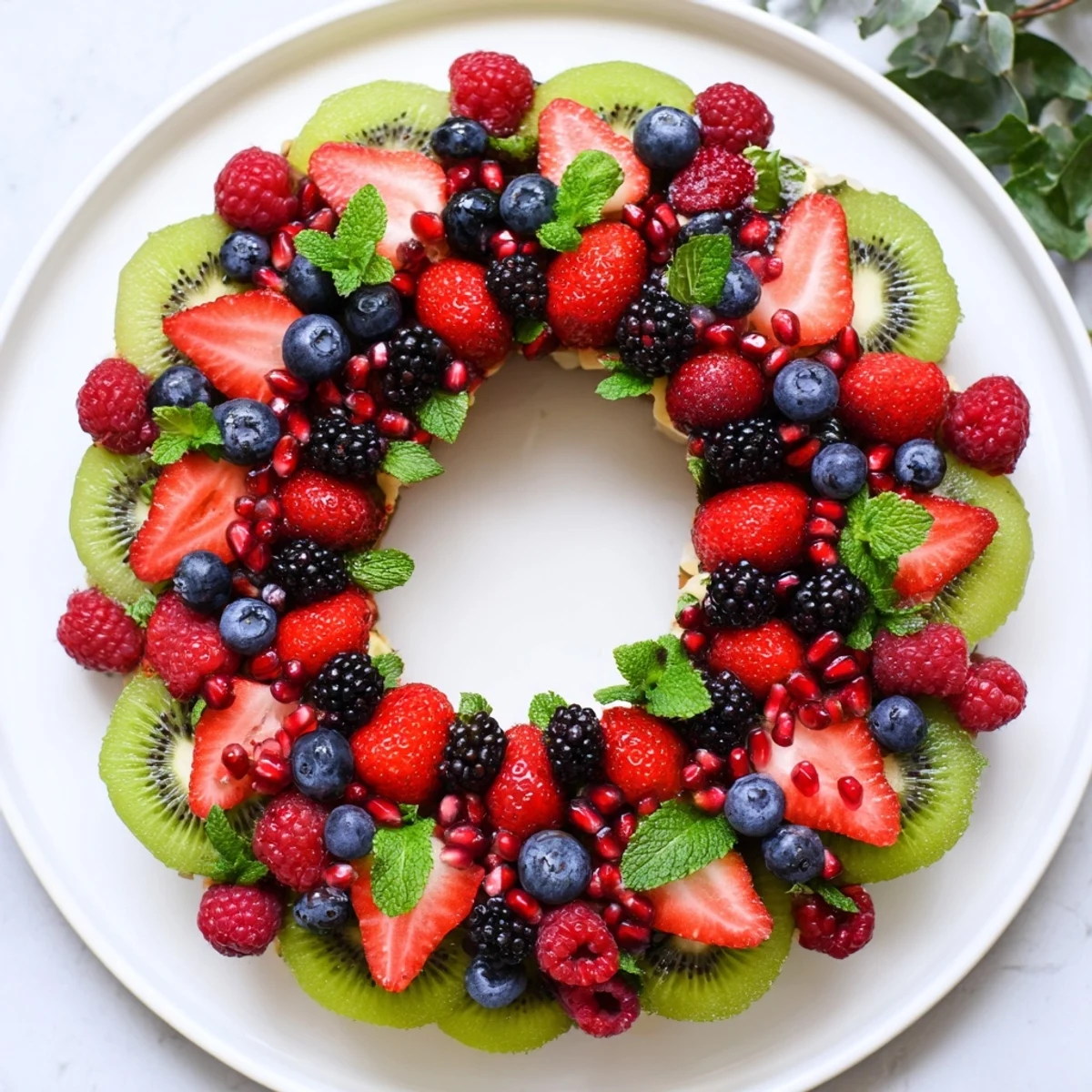 Vibrant Fruit Plate: A holiday wreath of kiwi, berries, and mint, a colorful appetizer.