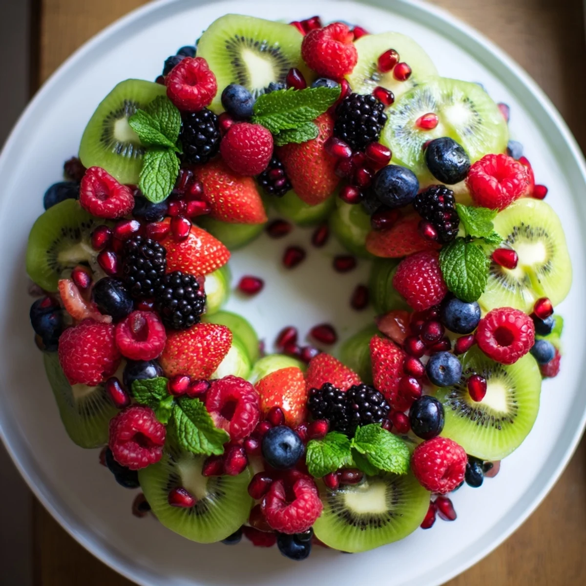 Enjoy a refreshing fruit plate: Kiwi and berry holiday wreath, bursting with fresh, juicy flavors.