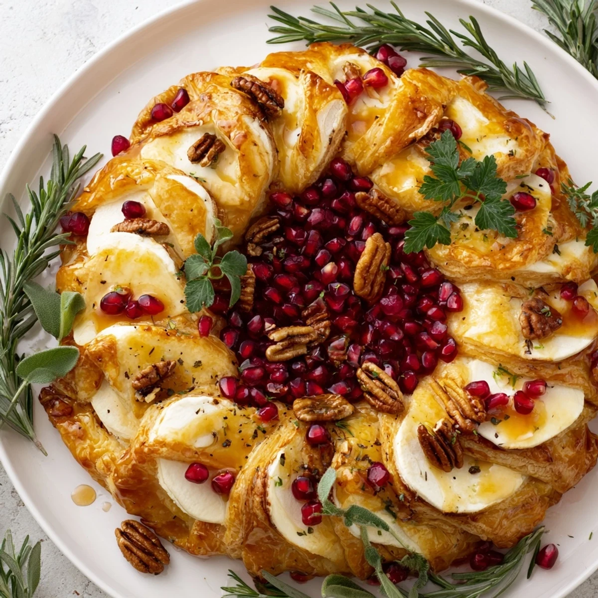 Festive Pomegranate and Brie Wreath: A golden pastry ring showcasing creamy Brie and ruby pomegranate seeds.