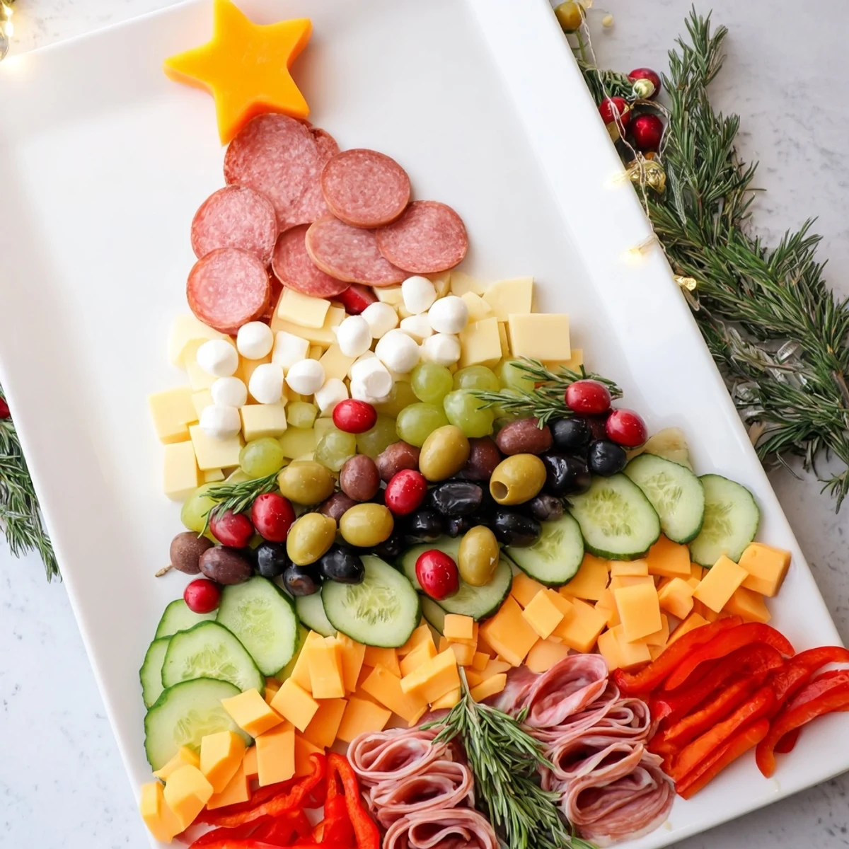 Christmas Tree Charcuterie Board: A delicious spread of meats, cheeses, and fruits arranged beautifully for your holiday party.
