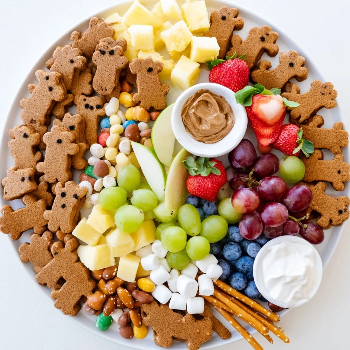 Vibrant Animal Cracker Safari Board: a kids' party platter with colorful fruit and sweet dips.
