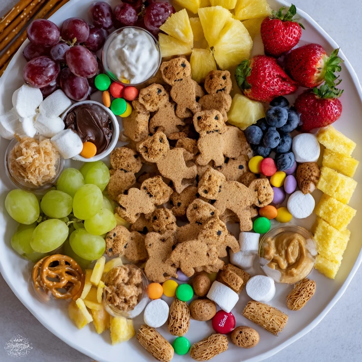 Delicious Animal Cracker Safari Board featuring an array of fresh fruit and creamy yogurt dips everyone loves.