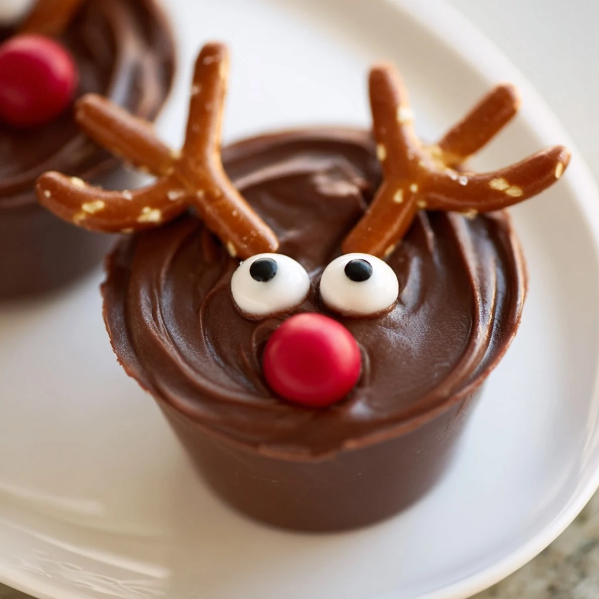 Deliciously creamy chocolate reindeer pudding cups, arranged among sweets for a delightful dessert spread.