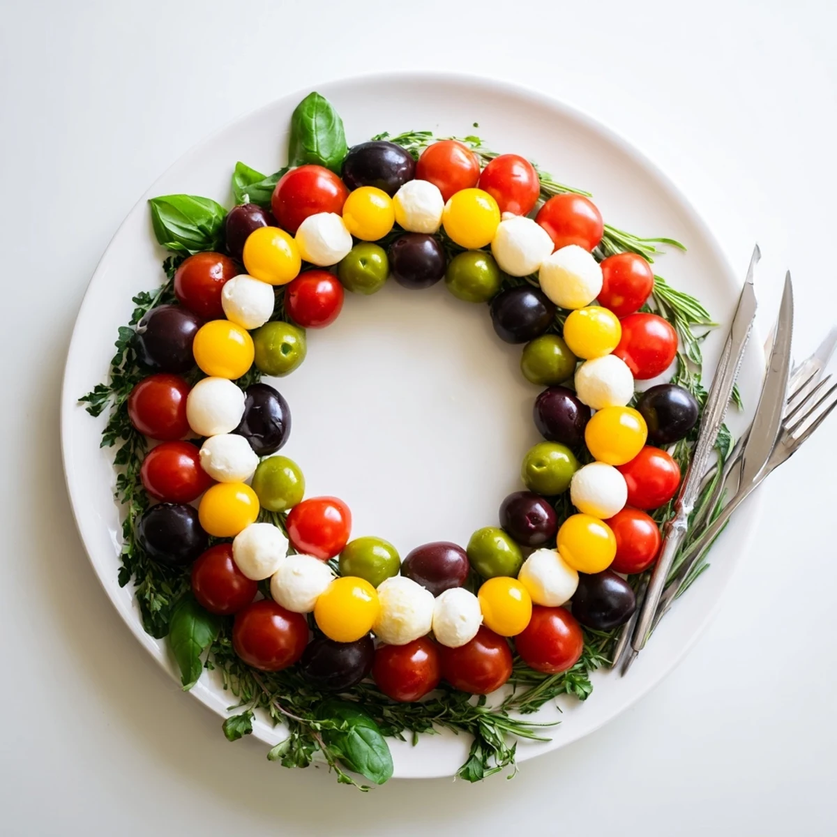 Festive appetizer wreath showcasing vibrant olives and juicy cherry tomatoes arranged on a platter.