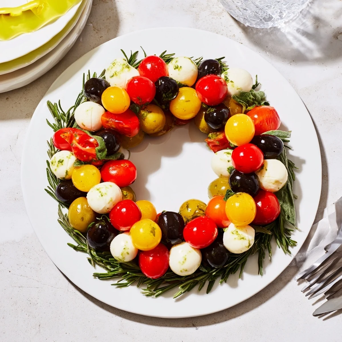 Vivid image of the olive and cherry tomato appetizer wreath, ready to be served and enjoyed.