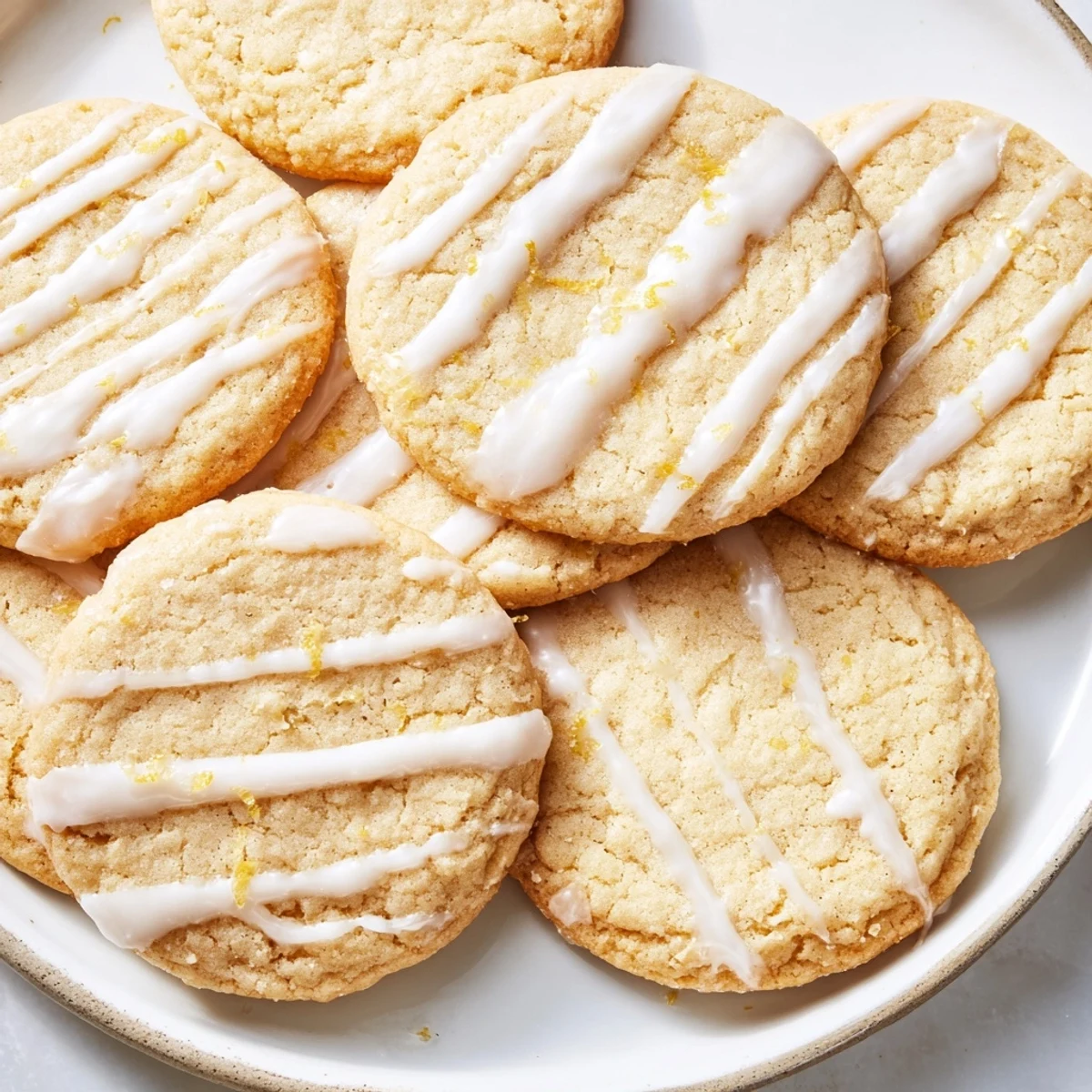 Golden, freshly baked Holiday Cookies with Icing Drizzle, drizzled beautifully for a festive treat.
