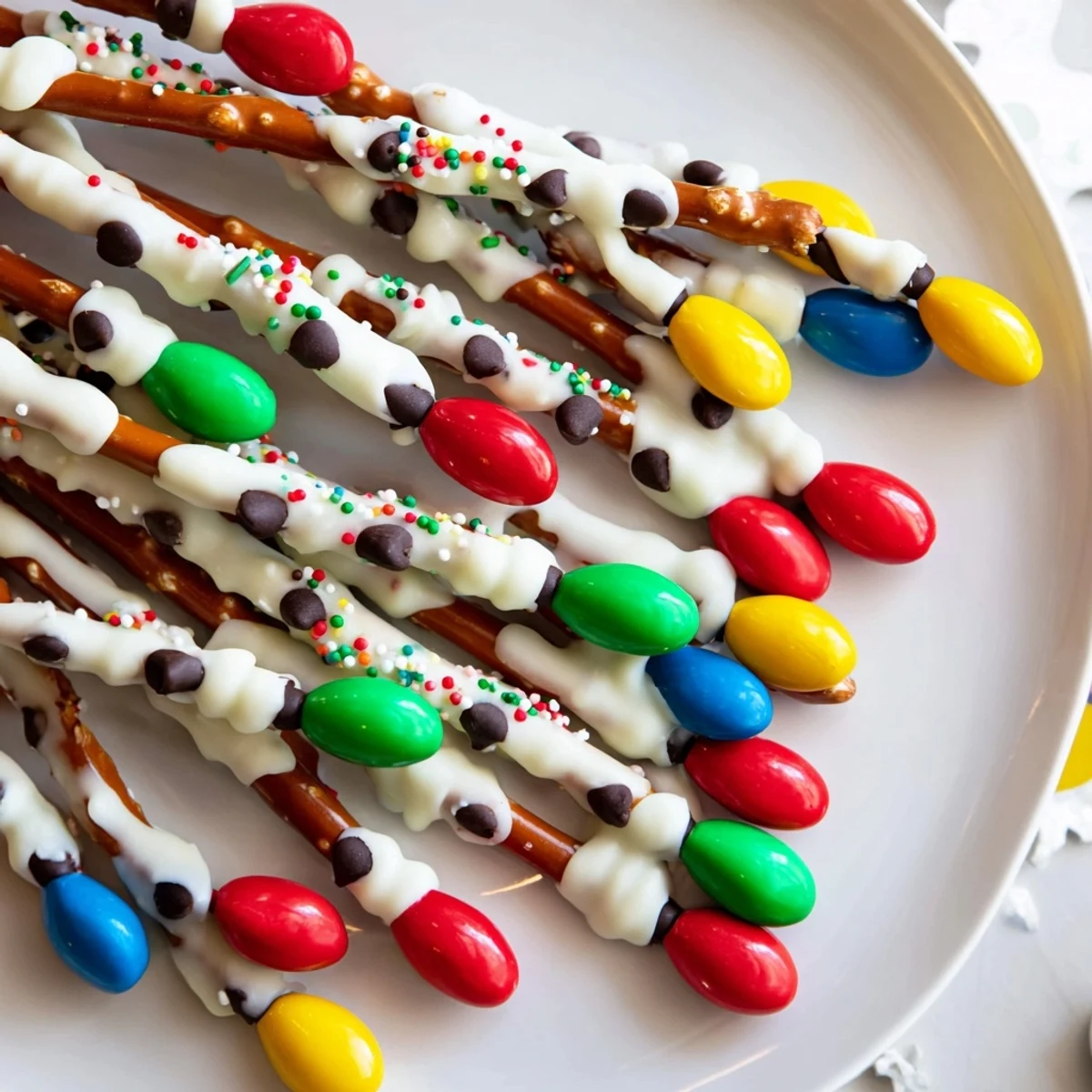 Festive Christmas lights: colorful melted candy decorates these vibrant pretzel sticks for a no-bake treat.