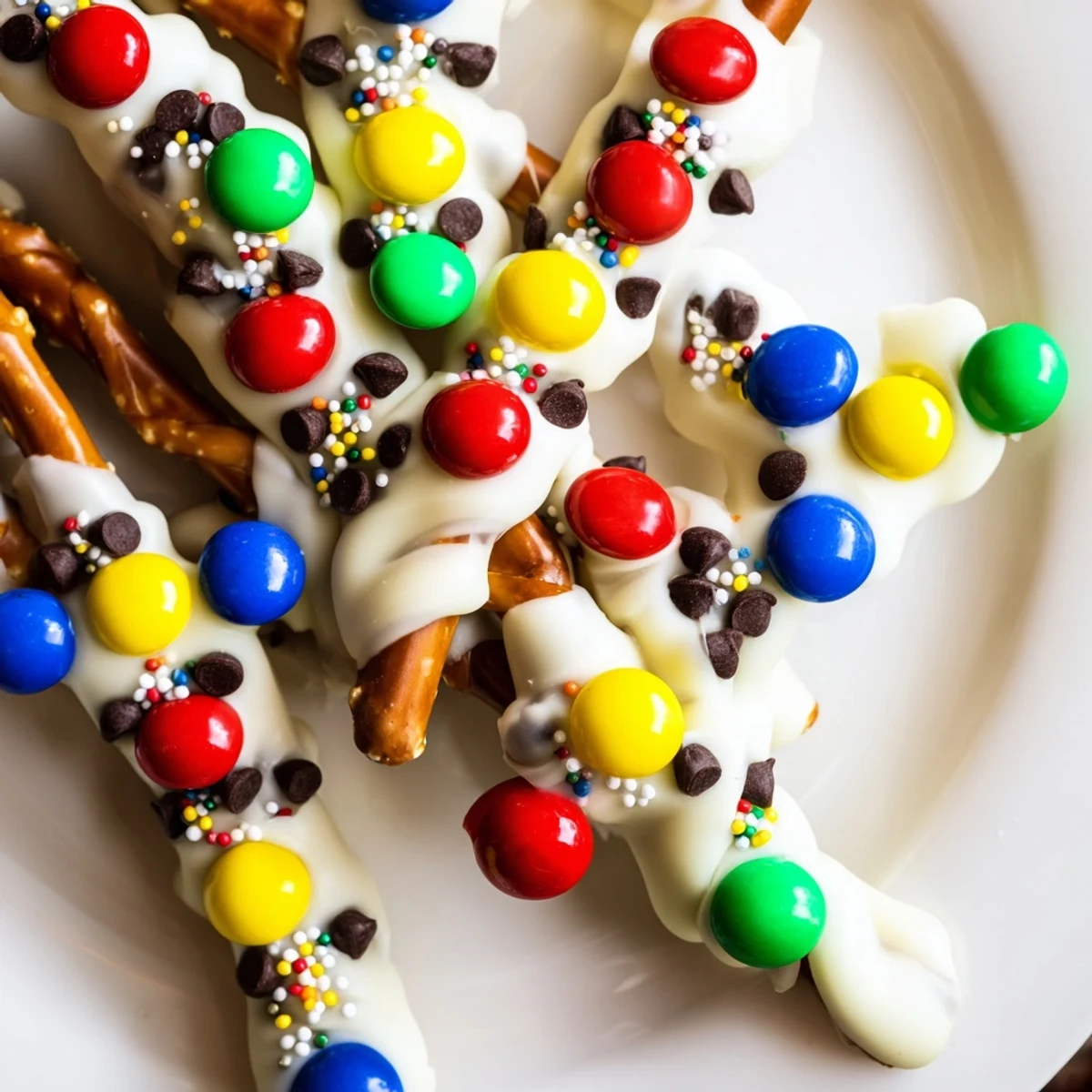 Enjoy pretzel sticks dipped in white chocolate, shaped like Christmas lights for this easy snack.