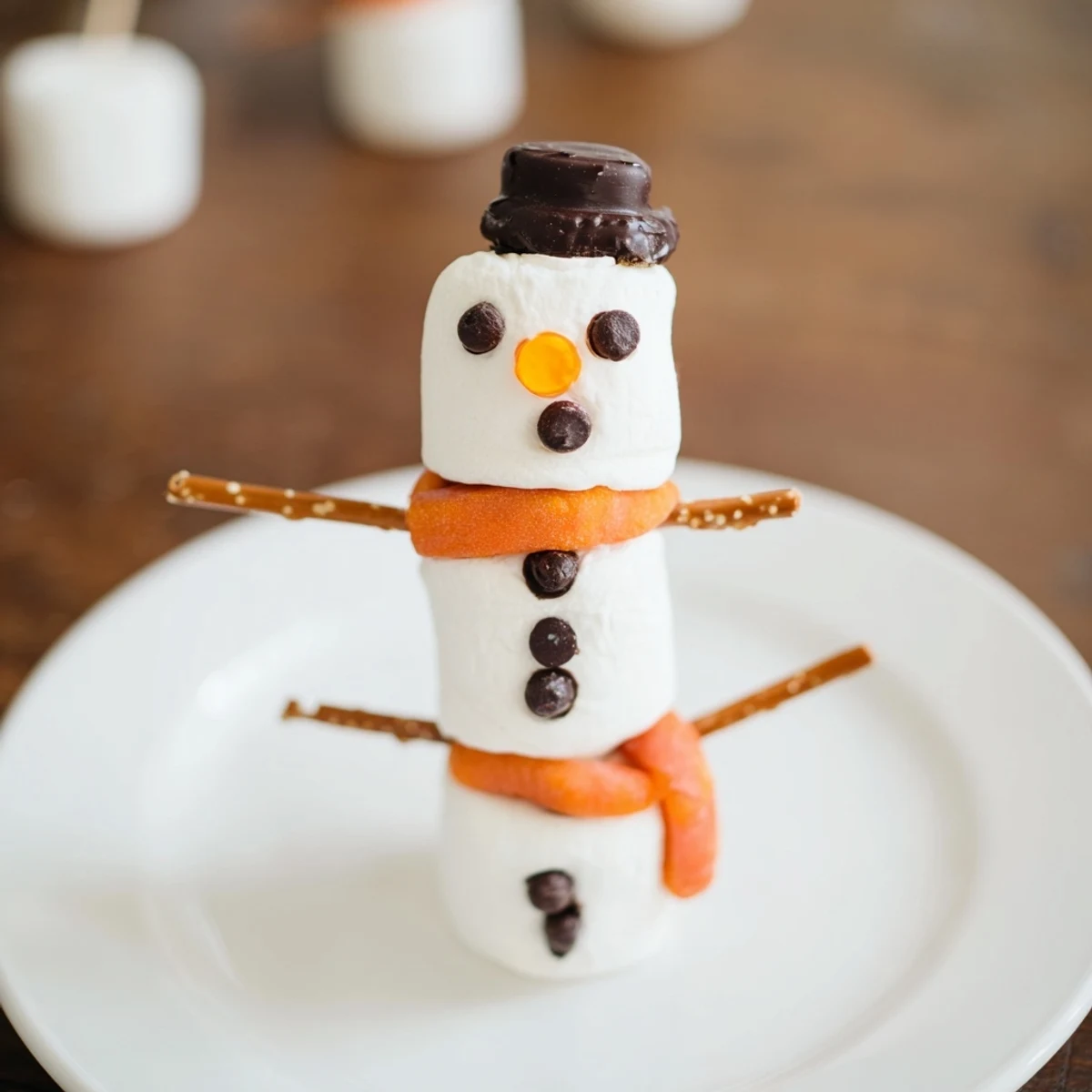 Marshmallow Snowman Stick Arrangement with smiling faces and pretzel arms, perfect for a winter treat.