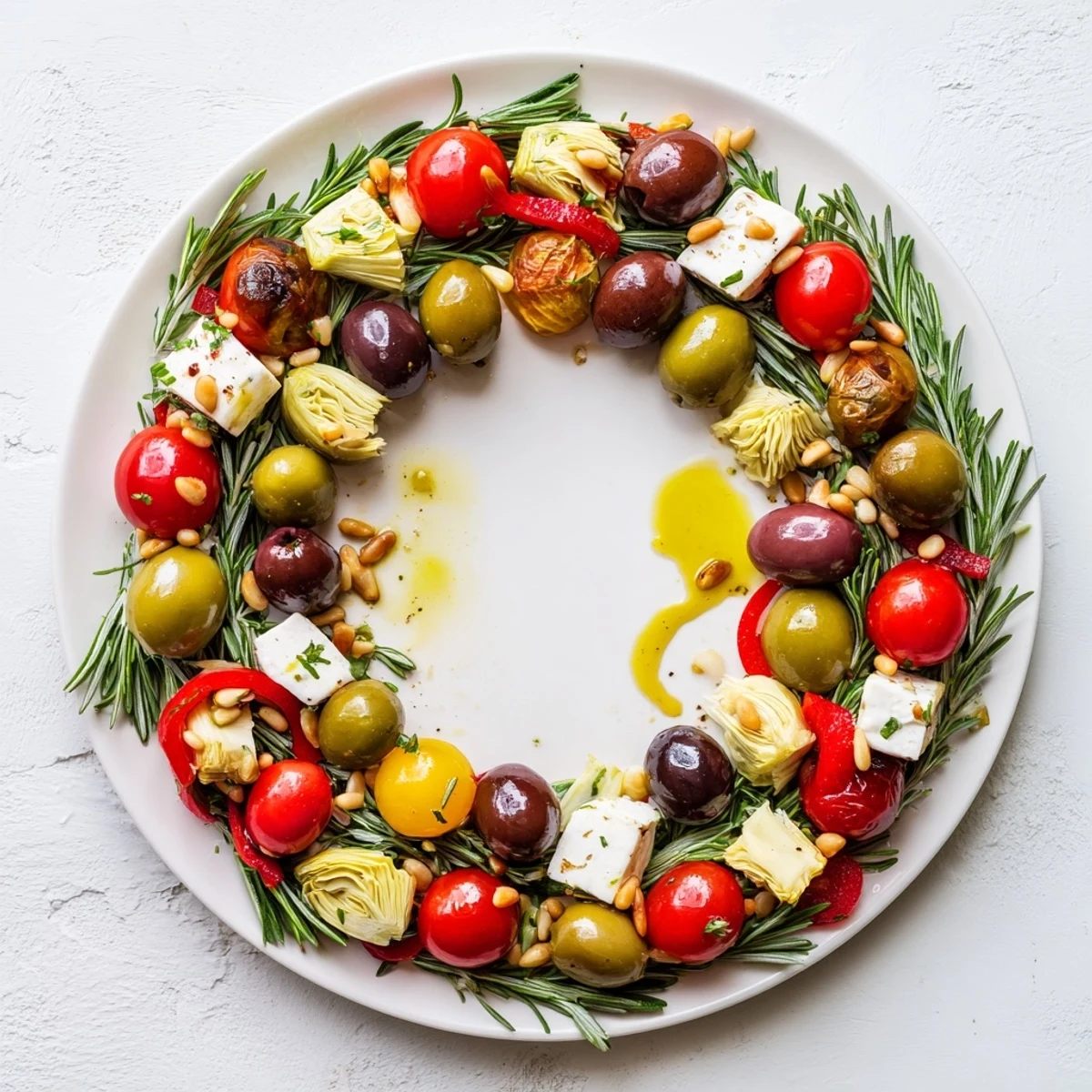 This Olive and Cherry Tomato Garland Board features vibrant colors and textures, ready to serve as a delicious appetizer.