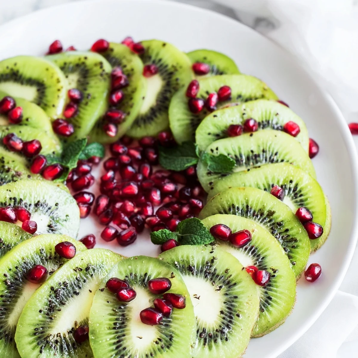 Beautiful kiwi and pomegranate Christmas wreath fruit plate, perfect for a fresh holiday appetizer.