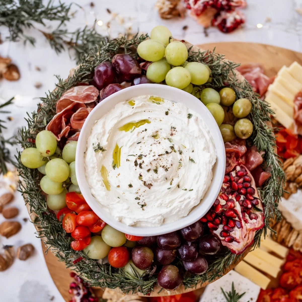 A gorgeous aerial view of The Evergreen Wreath Board featuring a vibrant spread of savory and colorful delicacies.