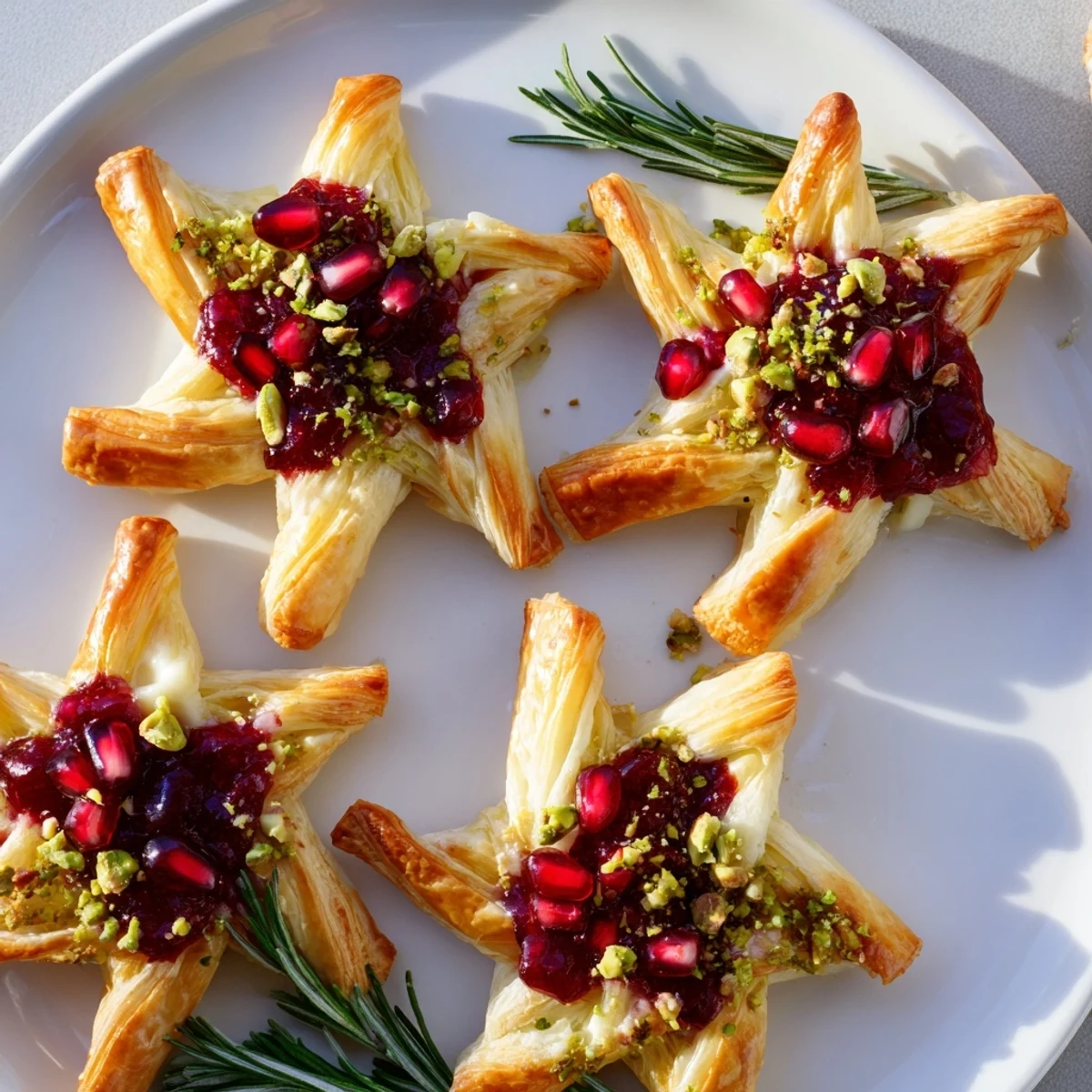 Golden, flaky Cranberry Christmas Star appetizer with juicy cranberries bursting from the center.