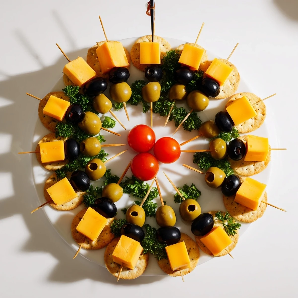 A visually appealing New Years Clock Countdown with cheese hands, crackers, and delicious olives.