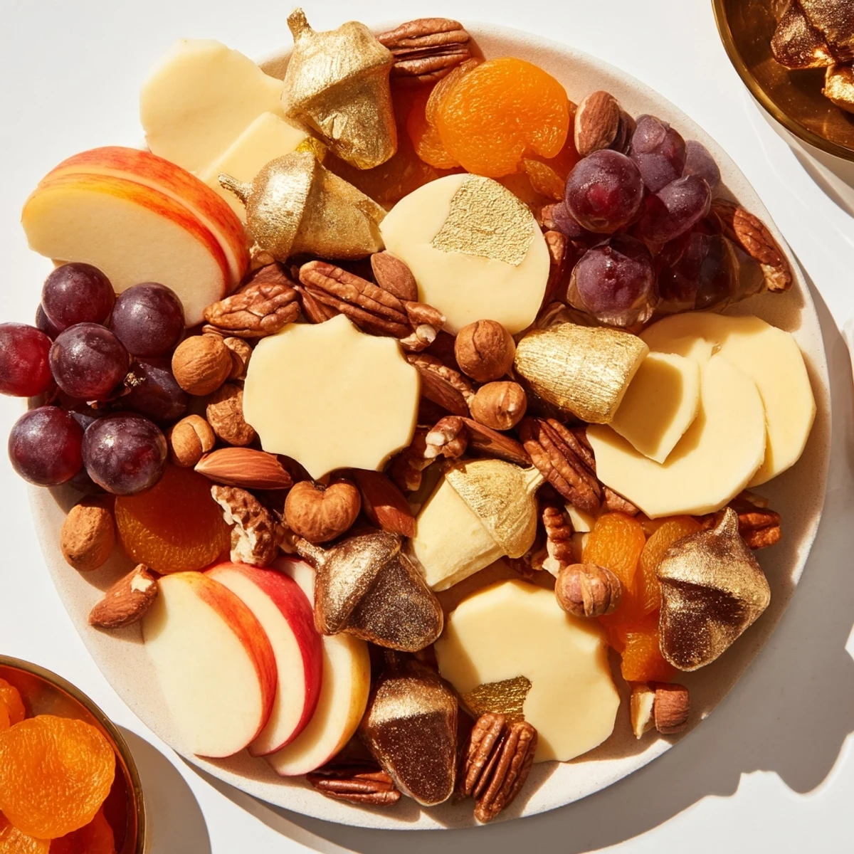 The Gilded Acorn charcuterie board, beautifully arranged with golden almonds, cheeses, and fruits ready to serve.