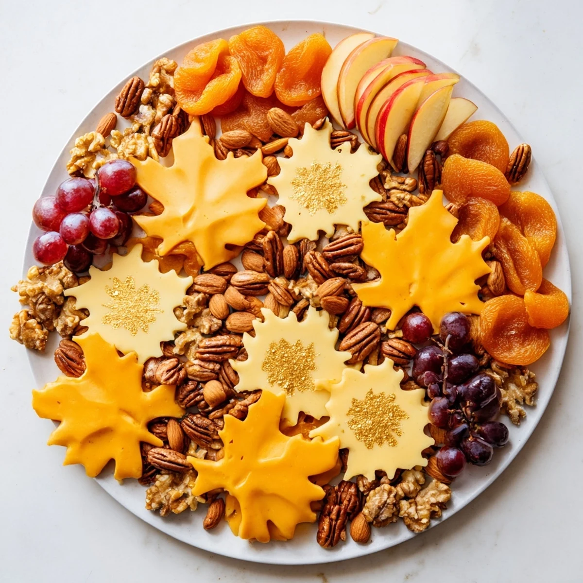 Elegant The Gilded Acorn appetizer platter: imagine glistening gold almonds and acorn-shaped cheese on a wooden board.