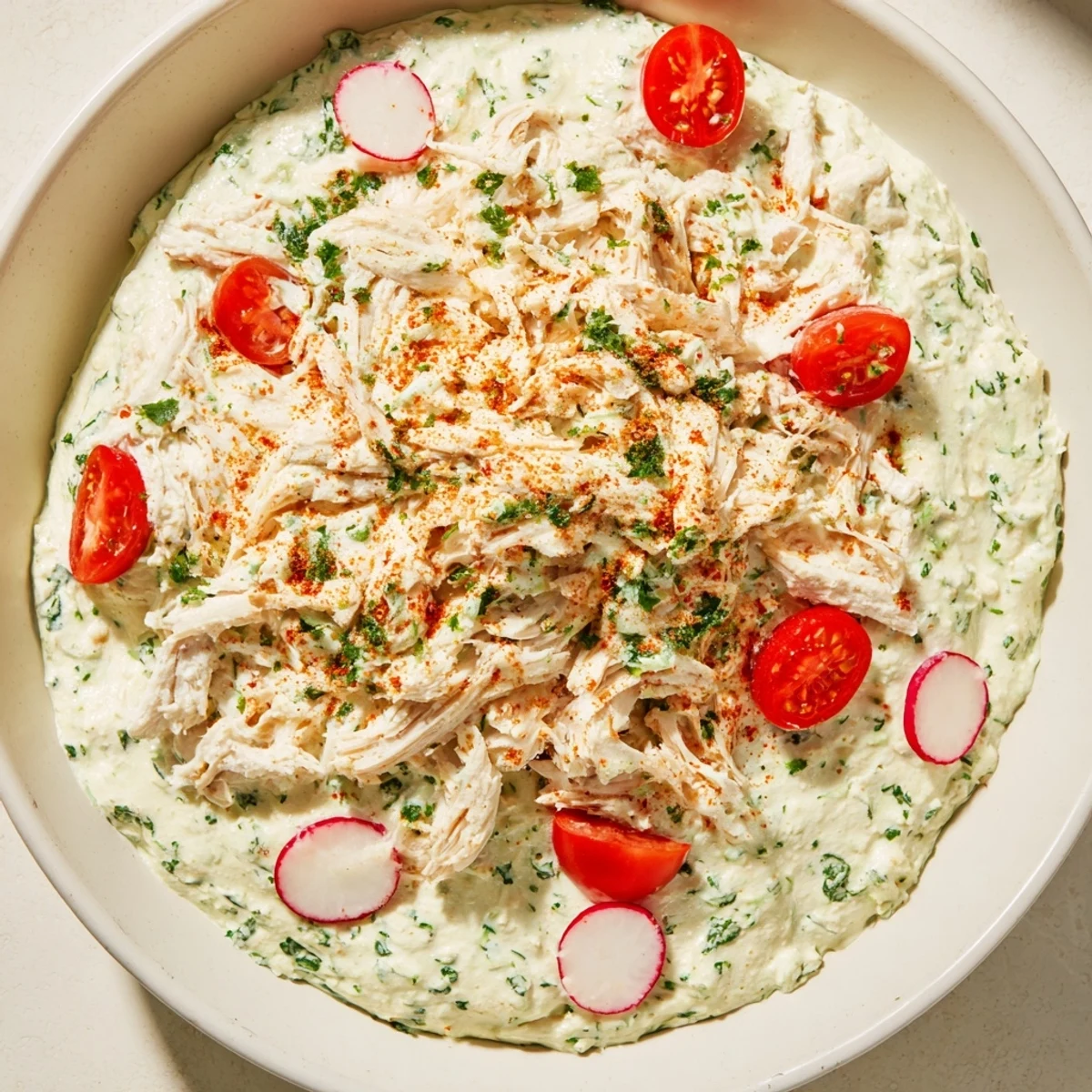 Warm Green Goddess Chicken Nacho Dip, creamy and vibrant, served with crispy tortilla chips for dipping.