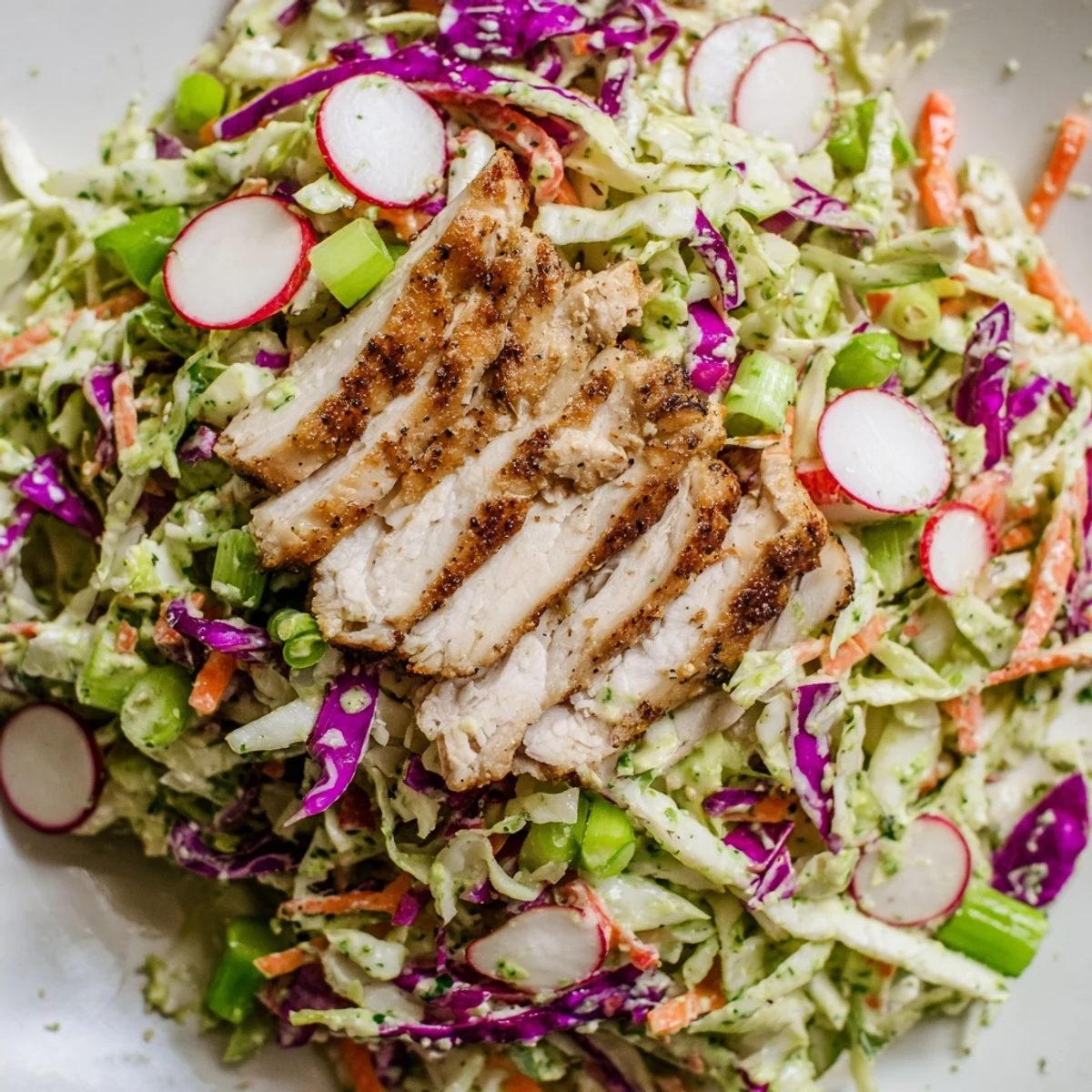 Green Goddess Cabbage Slaw with grilled chicken, a vibrant mix topped with tender, sliced chicken.