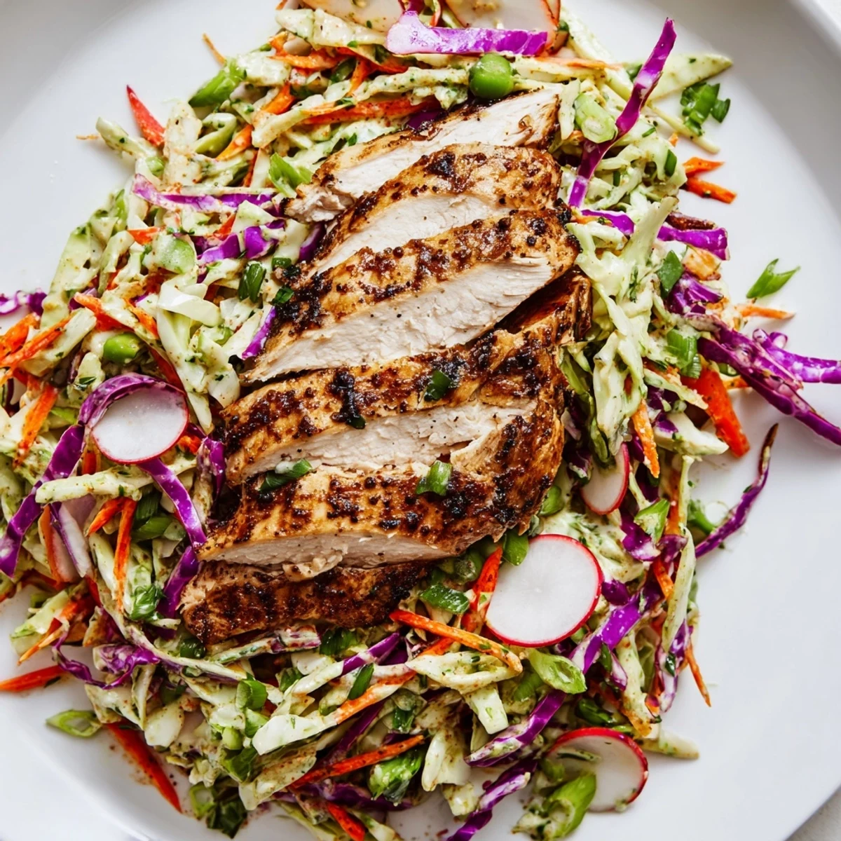 Enjoy a refreshing plate of Green Goddess Cabbage Slaw with juicy grilled chicken, ready to eat now!