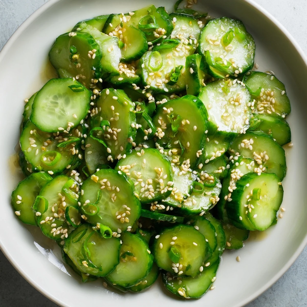Fresh Cucumber Shaker salad featuring bright green cucumbers glistening with savory, tangy dressing.