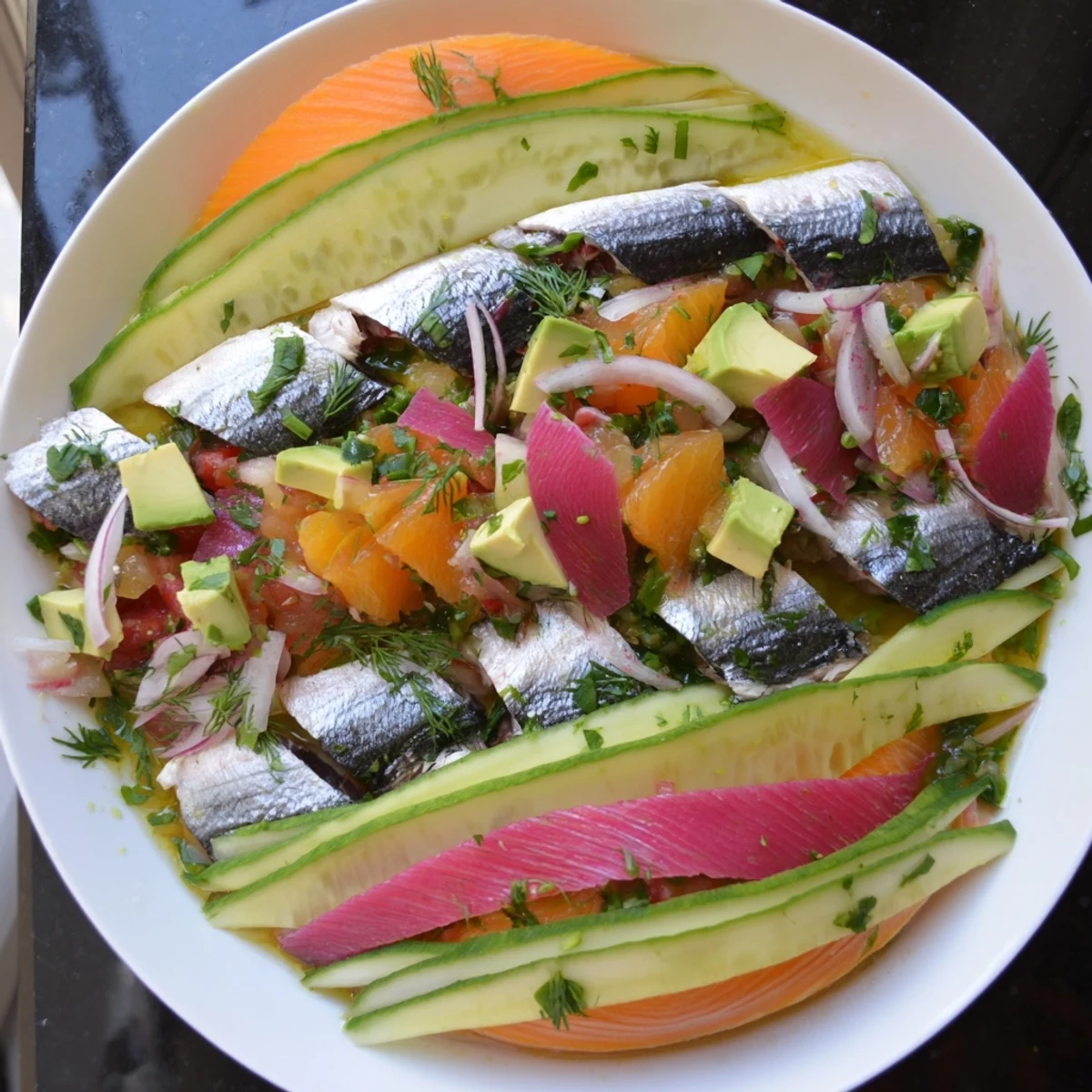 A close-up view of the prepared Cucumber and Tinned Fish Date Night Salad, ready for enjoying.