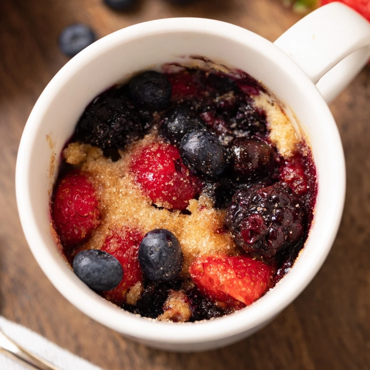 A delicious individual Mixed Berry Cobbler Mug Cake, with a perfectly cooked berry filling, ideal for a quick dessert.