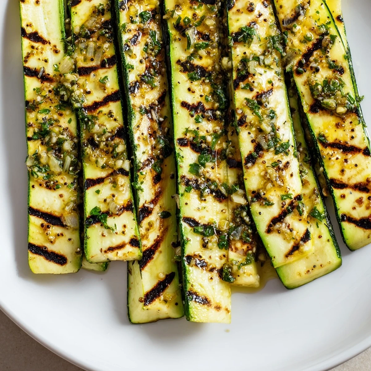 Tender, grilled Garlic Herb Zucchini features char marks, vibrant green herbs, and a glistening, savory marinade.